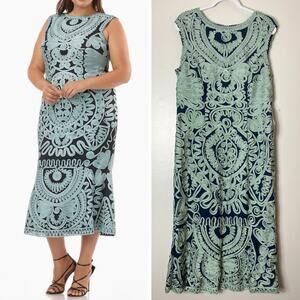 JS Collections Teal and Navy Embroidered Midi Dress